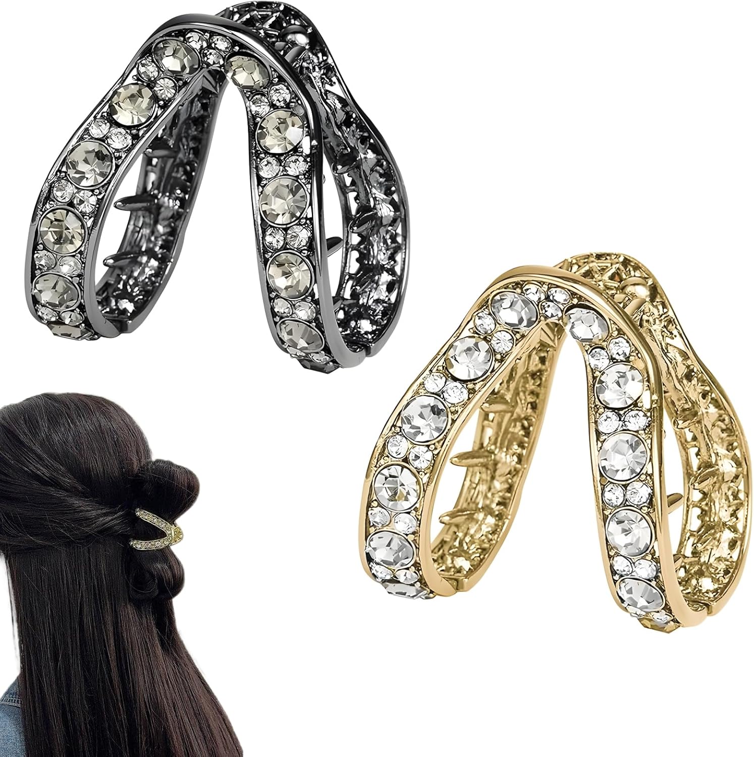 ヘアクリップ ポニーテールクリップ (2個セット) ラインストーン ヘアクロー しっかりとまる 髪飾り おしゃれ 可愛い 軽量 職場 通勤 記念日 母の日 感謝祭 ヘアアクセサリー 海外通販