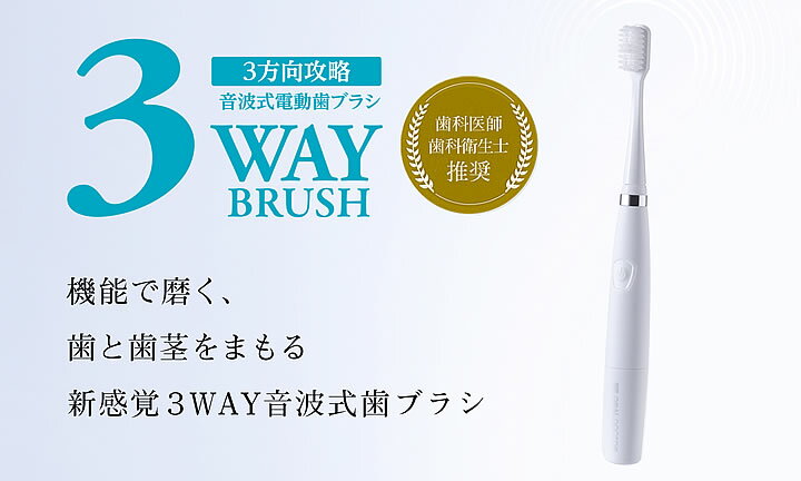 販売名 3WAY音波式電動歯ブラシ 使用電池 単4アルカリ乾電池×1本 タイマー 2分間自動停止 (30秒ごとにお知らせ機能付き) 使用時間 約180分 ブラシストローク数 約22,000回 / 分 ※モータの1回転を2ブラシストロークとして算出 本体質量 約33g (乾電池、歯ブラシ含む) 本体外形寸法 最大径太さ約19mm × 長さ約179mm 付属品 抗菌ブラシ&lt;br&gt; 単4アルカリ乾電池 (試供品)&lt;br&gt; 取扱説明書 ブラシ柄の材質 ABS樹脂 ブラシ毛の材質 PBT、ナイロン ブラシ毛のかたさ やわらかめ 耐熱温度 80度