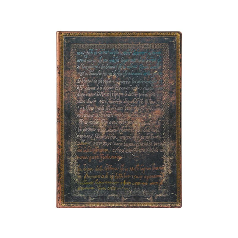 ミケランジェロ・ブオナローティ（1475-1564）はイタリア・ルネサンス期の巨匠の一人と言われています。ここで再現した手書きの手紙からは、人間界最高とされた芸術家の一人の情熱がはっきりと伝わってきます。さらに特徴的なのは、裏表紙にシスティーナ礼拝堂の「アダムの創造」が配され、両面からこのアーティストビジョンの作品を美しく見せていることです。 サイズ ミディ 幅:120mm 高さ: 175mm 厚さ:12mm フォーマット：罫線 ページ数：176 Pages CLOSURE：ゴムバンド カラー：Black GSM (紙の厚み)：120 COVER：ソフトカバー エッジプリント：あり ポーチタイプ：フリーポケット 栞：1