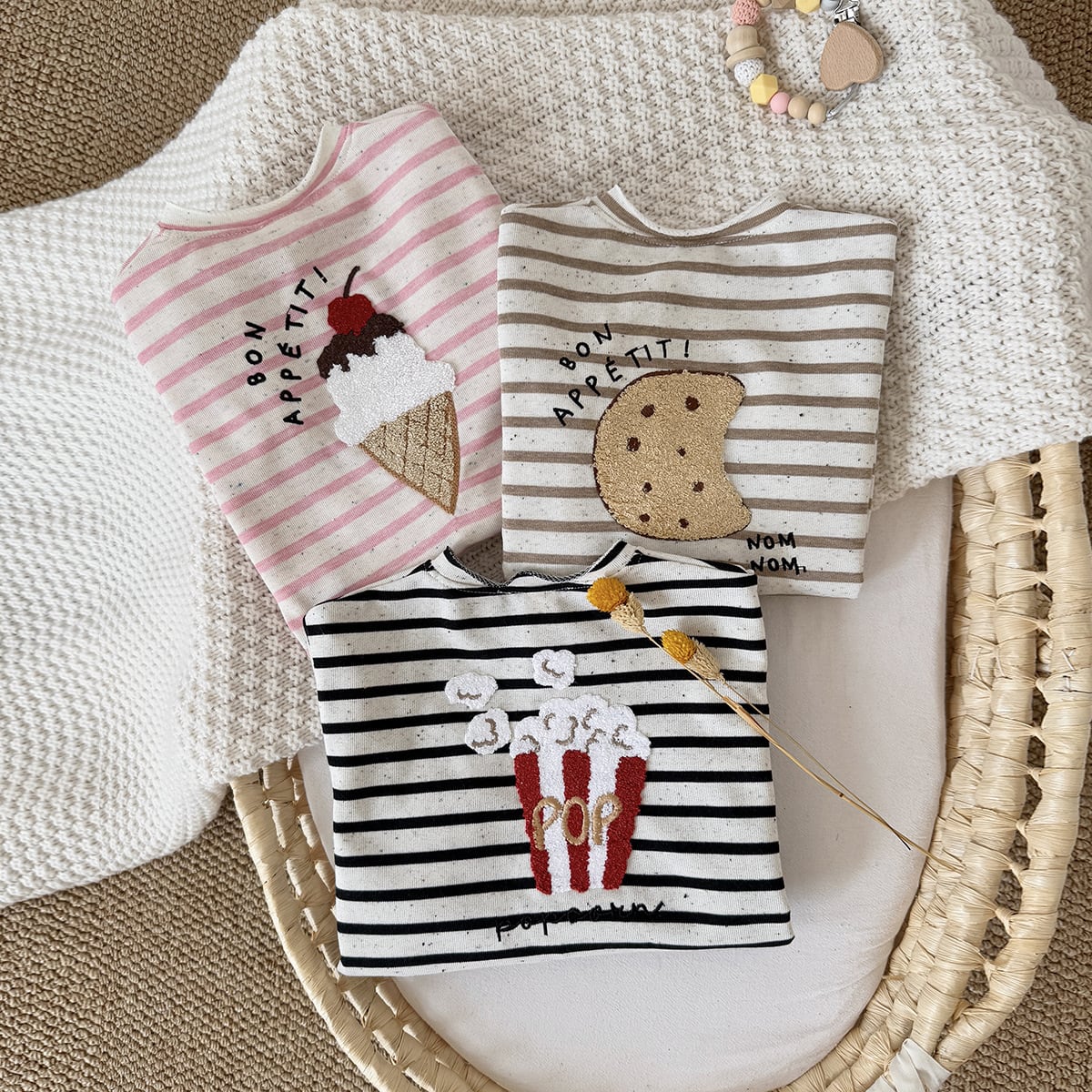 カバーオール ベビー服 赤ちゃん 子ども服 海外子ども服 クッキー柄 アイス柄 ポップコーン柄 秋冬用ベビー服 秋服 つぶつぶ生地 フロントオープン 前開きロンパース