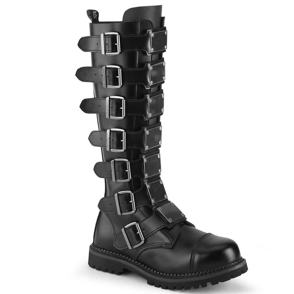 Unisex Steel Toe Knee Boot Demonia Unisex Leather Steel Toe Knee Boot Featuring Multiple Buckles & Front Metal Plates, Rubber Sole, Full Length Inner Side Zip Closure 【ソールの高さ】約2cm ユニセックス（男女兼用）で履いて頂けます。 【足首筒幅】 サイズ4：約36.6cm サイズ5：約37.2cm サイズ6：約37.8cm サイズ7：約38.5cm サイズ8：約39.1cm サイズ9：約39.7cm サイズ10：約40.3cm サイズ11：約40.9cm サイズ12：約41.6cm サイズ13：約42.2cm サイズ14：約42.8cm ※こちらの商品は取り寄せ商品になります。 商品のデザイン変更等でご注文後に 在庫切れのお返事を差し上げることもございます。 ご了承の程、よろしくお願い致します。 インポートシューズ・パンクファッション・ゴシック・厚底シューズ・コスプレシューズで有名な PLEASER（プリーザー）・DEMONIA（デモニア）の商品です。 ※サイズについてはこちらをクリック ■在庫管理に関しましては細心の注意を払っておりますが、 他サイトとの併売の為、在庫切れの場合がございます。 ■万が一売り切れの場合はメール・お電話にてご連絡させていただきます。 ■画面上と実物では多少色具合が異なって見える場合がございます。 ■輸入品のため、多少のキズ、汚れ、臭い、接着剤のはみ出しなどが見られる場合がございます。 ご了承の上ご購入ください。 ■日本サイズとは違いますので、若干の誤差はご了承のうえご購入くださいませ。 ■パッケージ(靴箱)に記載されているサイズはメーカー使用のUSサイズになります。 -外箱のサイズ表記について- 米国規格靴のサイズでUS8の場合、外箱には26.8cmと表記されている場合があります。 日本規格では靴のサイズは履く人の足のサイズをさしますが、 欧米で靴のサイズと言うと、靴の外寸法のサイズを指す場合があります。 履く靴の大きさ（外寸）は26.8cmという表記になります。 また、メーカーによっては靴を作る際の木型の大きさで表記される場合もあります。 ※実際の外箱に記載されている数値は商品タイプによって異なる場合がありますのでご了承下さい。 ■サイズについてご不安な場合はお気軽にお問い合わせください。