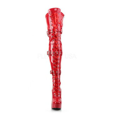 PLEASER【取り寄せ】三連ベルトレースアップ厚底サイハイブーツ/品番:ELECTRA-3028/ELE3028/12cmヒール/大きいサイズ/キングサイズ/女装/男性用/ポールダンス/ダンス/女王様/靴/ピンヒール/ハイヒール/チャンキーヒール/エナメルレッド/赤