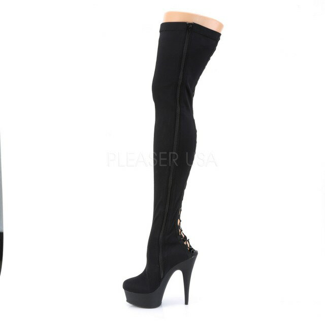 PLEASER【取り寄せ】プリーザー・バックレースアップストレッチ厚底サイハイブーツ/品番:DELIGHT-3003/DEL3003/15cmヒール/レディース/イベント/ポールダンス/ダンス/ピンヒール/ハイヒール/ストレッチブーツ/ライクラブラック/黒