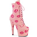 PLEASER【取り寄せ】プリーザー・リッププリント厚底ショートブーツ/品番:ADORE-1020KISSES/ADO1020KISS/17cmヒール/18cmヒール/厚底ブーツ/ダンス/ブーツ/レディース/レースアップ/リップマーク/口紅/レッドリップ/キッス/衣装/コスプレ/編み上げ/ベビーピンク