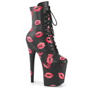 PLEASER【取り寄せ】プリーザー・リッププリント厚底ショートブーツ/品番:FLAMINGO-1020KISSES/FLAM1020KISS/20cmヒール/厚底ブーツ/ダンス/ブーツ/レディース/レースアップ/リップマーク/口紅/レッドリップ/キッス/衣装/コスプレ/編み上げ/フェイクレザーブラック/合皮黒