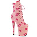 PLEASER【取り寄せ】プリーザー・リッププリント厚底ショートブーツ/品番:FLAMINGO-1020KISSES/FLAM1020KISS/20cmヒール/厚底ブーツ/ダンス/ブーツ/レディース/レースアップ/リップマーク/口紅/レッドリップ/キッス/衣装/コスプレ/編み上げ/フェイクレザーベビーピンク/合皮