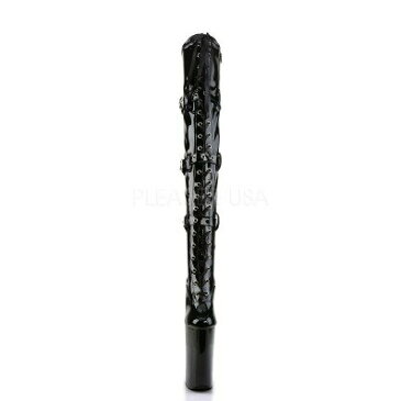 PLEASER【取り寄せ】プリーザー・三連ベルト超厚底ハイヒールエナメルサイハイブーツ/品番:BEYOND-3028/BEY3028/25cmヒール/靴/厚底靴/ポールダンス/ダンス/ハイヒール/ニーハイブーツ/ピンヒールブーツ/女王様/女装/大きいサイズ/小さいサイズ/エナメルブラック/黒