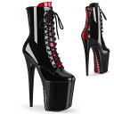 PLEASER【取り寄せ】プリーザー・フラミンゴコルセット厚底ショートブーツ/品番:FLAMINGO-1020FH/FLAM1020FH/20cmヒール/ポールダンス/ダンス/衣装/ピンヒール/女装/男性用/大きいサイズ/ハイヒール/女王様/エナメルブラック×レッド/黒×赤