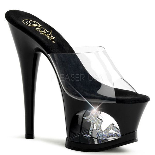 PLEASER【取り寄せ】プリーザー・ムーントラックガール厚底クリアミュールサンダル/品番:MOON-701TG/MOON701TG/17cmヒール/17cmヒール/ドレス/靴/ダンスシューズ/ダンス/衣装/ポールダンス/キャバ嬢/ピンヒール/ハイヒール/アッパークリア（透明）/レディース/ブラック/黒