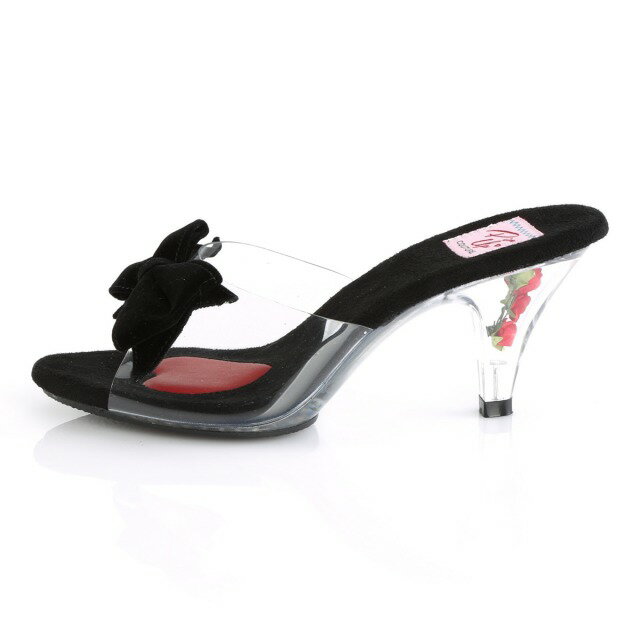 PLEASER【取り寄せ】ローズインリボンミュール/品番:BELLE-301BOW/BEL301BOW/7cmヒール/ピンヒールミュール/小さいサイズ/大きいサイズ/女装/キュート/ピンナップシューズ/薔薇/ブラックtimes;クリア/黒times;透明