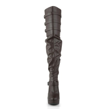 PLEASER【取り寄せ】プリーザー・ベルトデザイン厚底サイハイブーツ/品番:CHLOE-308/CHLOE308/13cmヒール/ワイドシャフトブーツ/イベント/可愛い/レディース/大きいサイズ/靴/ピンヒール/ハイヒール/フェイクレザーブラウン/合皮茶