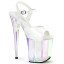 8" (200mm) Heel, 4" (100mm) Platform Ankle Strap Sandal Featuring Holographic Tinted Platform Bottom 【ヒールの高さ】約20cm 【プラットフォームの高さ】約10cm ※こちらの商品は取り寄せ商品になります。 商品のデザイン変更等でご注文後に 在庫切れのお返事を差し上げることもございます。 ご了承の程、よろしくお願い致します。 世界中で人気のインポートシューズ・ダンスシューズ・ドレスシューズ・コスプレシューズ PLEASER（プリーザー）の商品です。 ※サイズについてはこちらをクリック ■在庫管理に関しましては細心の注意を払っておりますが、 他サイトとの併売の為、在庫切れの場合がございます。 ■万が一売り切れの場合はメール・お電話にてご連絡させていただきます。 ■画面上と実物では多少色具合が異なって見える場合がございます。 ■輸入品のため、多少のキズ、汚れ、臭い、接着剤のはみ出しなどが見られる場合がございます。 ご了承の上ご購入ください。 ■日本サイズとは違いますので、若干の誤差はご了承のうえご購入くださいませ。 ■パッケージ(靴箱)に記載されているサイズはメーカー使用のUSサイズになります。 -外箱のサイズ表記について- 米国規格靴のサイズでUS8の場合、外箱には26.8cmと表記されている場合があります。 日本規格では靴のサイズは履く人の足のサイズをさしますが、 欧米で靴のサイズと言うと、靴の外寸法のサイズを指す場合があります。 履く靴の大きさ（外寸）は26.8cmという表記になります。 また、メーカーによっては靴を作る際の木型の大きさで表記される場合もあります。 ※実際の外箱に記載されている数値は商品タイプによって異なる場合がありますのでご了承下さい。 ■サイズについてご不安な場合はお気軽にお問い合わせください。