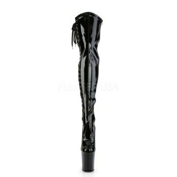 PLEASER【取り寄せ】プリーザー・サイドレースアップ厚底サイハイブーツ/品番:FLAMINGO-3050/FLAM3050/ダンスシューズ/ダンス/衣装/ポールダンス/女王様/靴/ピンヒール/ハイヒール/女装/男性用/大きいサイズ/20cmヒール/エナメルブラック/黒