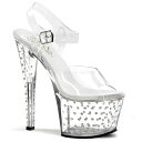 7" (17.8cm) Heel, 2 3/4" (7cm) Platform Ankle Strap Sandal Featuring Rhinestone Studded Chrome Bottom 【ヒールの高さ】約17.8cm 【プラットホームの高さ】約7cm ※こちらの商品は取り寄せ商品になります。 商品のデザイン変更等でご注文後に 在庫切れのお返事を差し上げることもございます。 ご了承の程、よろしくお願い致します。 世界中で人気のインポートシューズ・ダンスシューズ・ドレスシューズ・コスプレシューズ PLEASER（プリーザー）の商品です。 ※サイズについてはこちらをクリック ■在庫管理に関しましては細心の注意を払っておりますが、 他サイトとの併売の為、在庫切れの場合がございます。 ■万が一売り切れの場合はメール・お電話にてご連絡させていただきます。 ■画面上と実物では多少色具合が異なって見える場合がございます。 ■輸入品のため、多少のキズ、汚れ、臭い、接着剤のはみ出しなどが見られる場合がございます。 ご了承の上ご購入ください。 ■日本サイズとは違いますので、若干の誤差はご了承のうえご購入くださいませ。 ■パッケージ(靴箱)に記載されているサイズはメーカー使用のUSサイズになります。 -外箱のサイズ表記について- 米国規格靴のサイズでUS8の場合、外箱には26.8cmと表記されている場合があります。 日本規格では靴のサイズは履く人の足のサイズをさしますが、 欧米で靴のサイズと言うと、靴の外寸法のサイズを指す場合があります。 履く靴の大きさ（外寸）は26.8cmという表記になります。 また、メーカーによっては靴を作る際の木型の大きさで表記される場合もあります。 ※実際の外箱に記載されている数値は商品タイプによって異なる場合がありますのでご了承下さい。 ■サイズについてご不安な場合はお気軽にお問い合わせください。