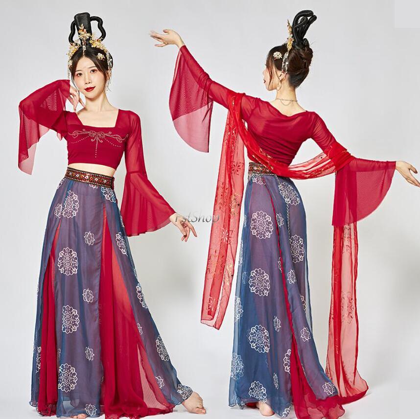 古典ダンス セット衣装 漢服レッスンウエア 練習着 2点セット社交ダンス 上下セットアップ唐装 ダンスウェア衣装ヨガ 社交ダンス衣装 トップス ロングスカート ...