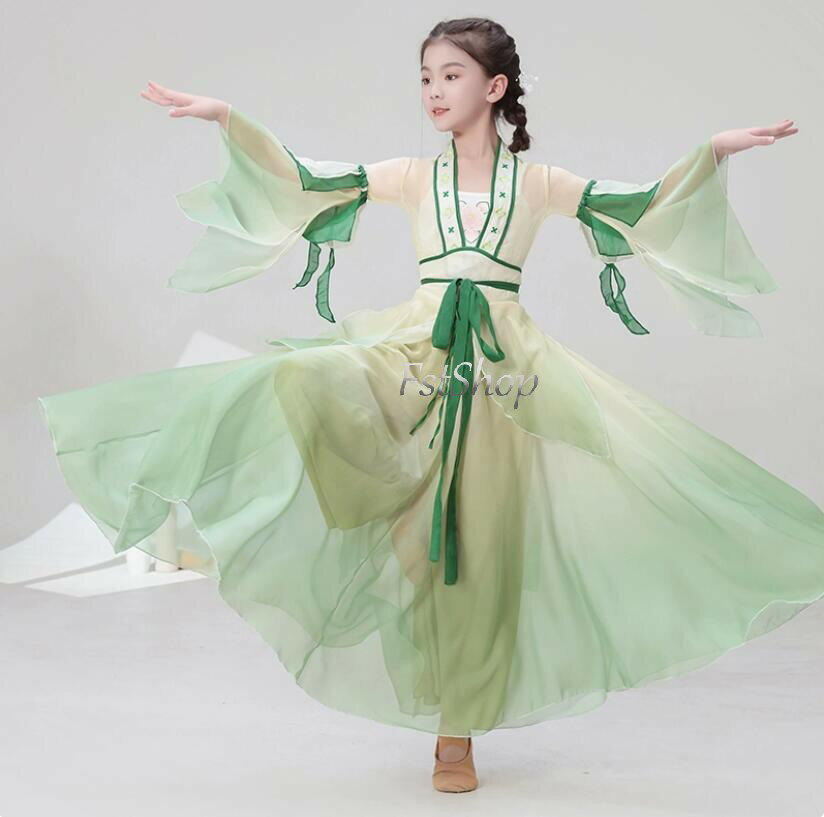 子供用 古典ダンス衣装 女の子 キッズ ダンスウェア 古典舞踊 練習着 ステージ衣装 グラデーション 漢服トップス キャミソール上下5点セットアップ スカートパンツ 長袖 中華風ダンスウエア 中華 民族 レッスン着 舞台ステージ衣装 羽織ハロウィン仮装コスチューム コスプレ 2