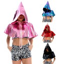 ダンス衣装ステージ衣装メタリック フード付きマント 光沢パーカー ハロウィンコスチューム 大人用ショート丈 マント ケープ ポンチョ ボレロ ヒップホップ ジャ...