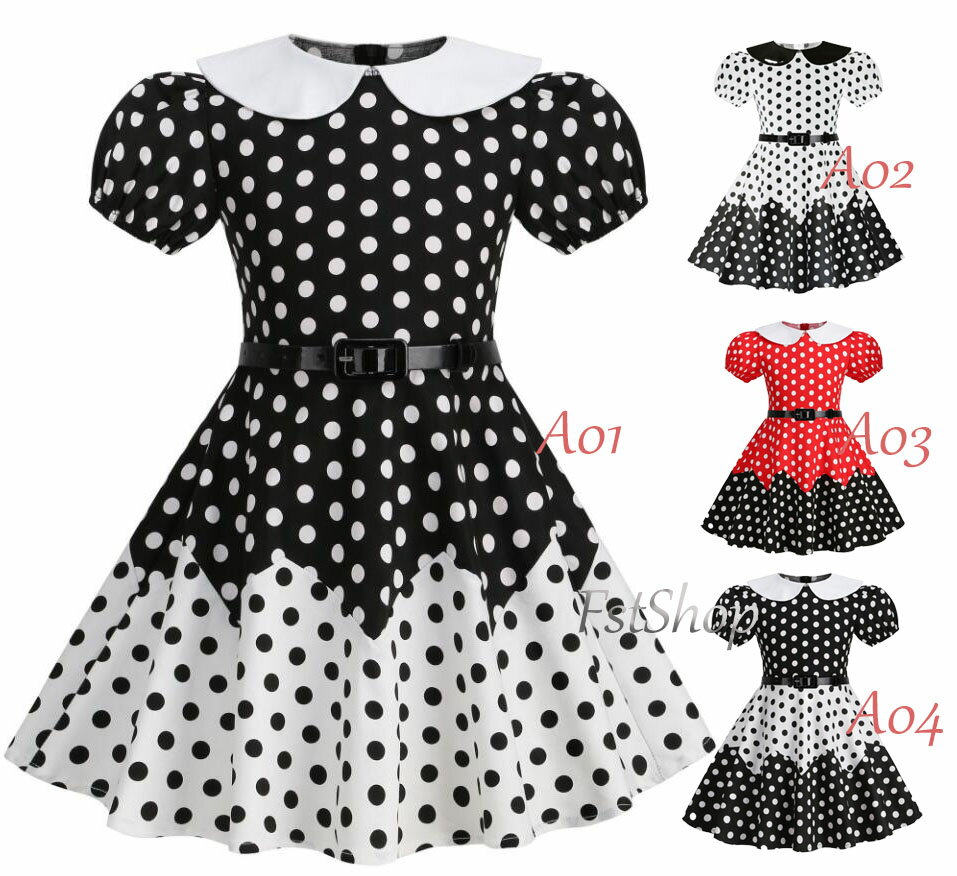 子供半袖ワンピース キッズ ドット水玉柄 ジュニア レトロドレス Aライン 子供服 女の子ダンス衣装 フ..