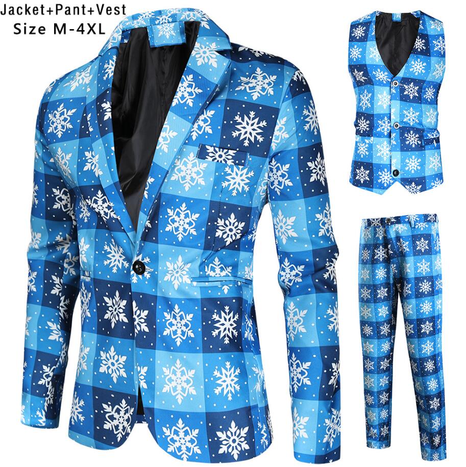 舞台衣裳 メンズクリスマススーツセット スーツジャケット タキシードジャケット テーラード パンツ ベスト 総柄 雪花柄 クリスマス衣装 舞台スーツ 舞台衣装 シングルボタン ステージ衣装 余興 司会者 カラオケ 魔術師 忘年会 演出服 クリスマスパーティー M-4XL