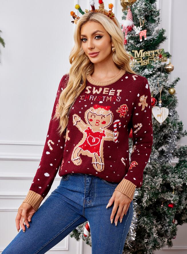 クリスマスコスチューム変装 セーター レディース 冬 長袖 ニットセーター ニット クリスマスセーター Xmas christmas プルオーバー あったか 大人 ラウンドネック ノルディック ジンジャーブレッドマン柄 パーティー ゆったり 体型カバー おしゃれ カジュアル 可愛い