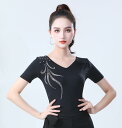ラテンダンストップス 社交ダンス衣装 上着 ダンストップス 密着Tシャツ Vネック 半袖踊りブラウス 女性 競技着 モダンダンス レディース 女性用 ダンス衣装...