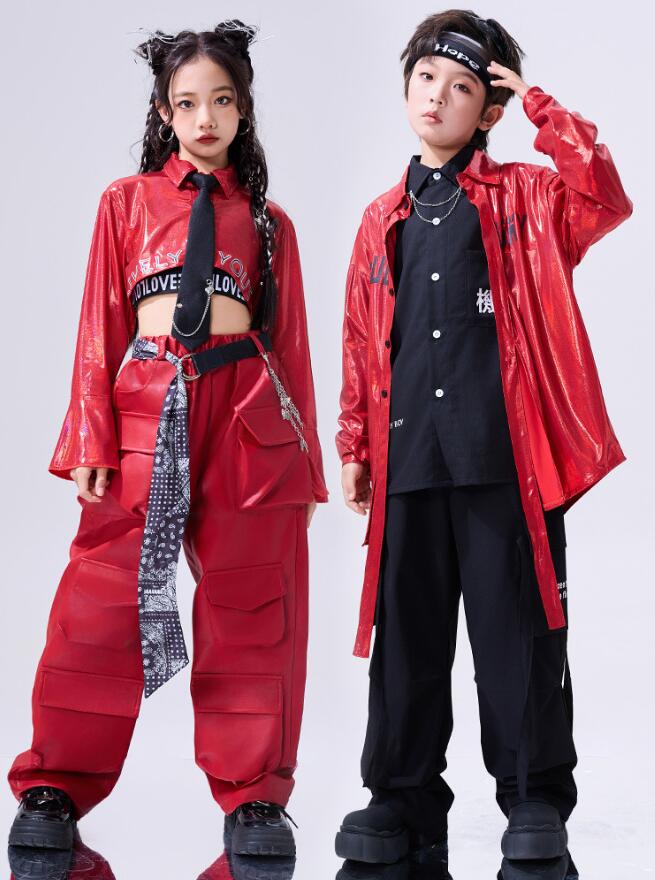 キッズダンス衣装 女の子 男の子 セットアップ 長袖 レッドシャツ 赤 へそ出し ゆったり カーゴパンツ 長ズボン ダンスパンツ ジャズ ガールズ ジャズダンス...
