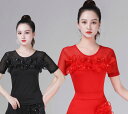 ラテンダンストップス 社交ダンス衣装 上着 ダンストップス 密着Tシャツ 胸元フリル 半袖踊りブラウス 女性 競技着 モダンダンス レディース 女性用 ダンス衣...