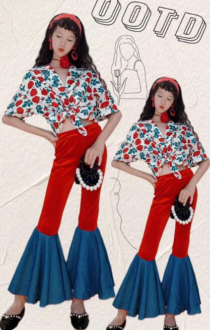 キッズダンス衣装 年代感 香港風 復古 上下セットアップ ヒップホップ HIPHOP 子供服 花柄シャツ ラッ..