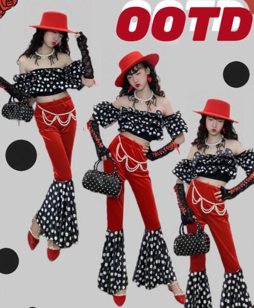 演出服 キッズダンス衣装 女の子 ジャズダンス ファッションモデル レトロブーム 可愛い ドット水玉柄..