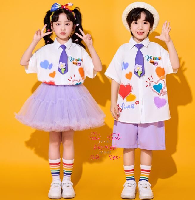 キッズダンス子供ダンス衣装 半袖シャツ チアダンス ハート柄シャツ チュールスカート パンツ 団体服 ..