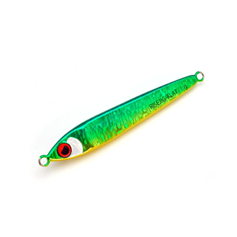 仕様表RISE JIG FLATについて■フラット面とアール面の左右(表裏)非対称デザイン■ただ巻きでウォブリング、STOP＆GOでクイックアクション■フリーフォールではヒラヒラと大きくスライドしスローに水平フォール■ウェイト毎に最適なバランスを追求したボディ設計■そのまま使える魚皮ティンセル仕様の専用HOOK搭載【細部詳細】■フラット面のカレントバンパーによってメリハリのあるクイックアクションを発生■フラット面とアール面が受ける水圧差によってただ巻きでもしっかりと泳ぐ■アール面テールに設けたスリットによって水切れが増しキレのあるアクションを実現RISE JAPAN　RISE JIG FLATライズジャパン　ライズジグフラット●ウエイト：60g●アシストフックサイズ：FRONT L-Long/REAR L-Short●カラー：RJ04 グリーンゴールド詳細はこちら