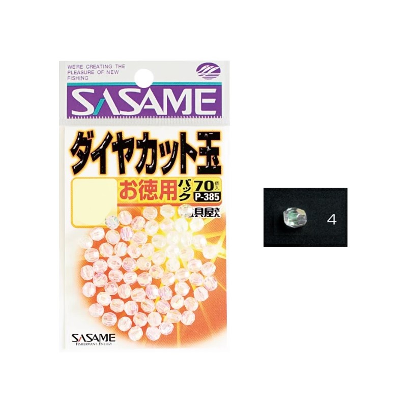 仕様表SASAMEササメ　P-385 道具屋 徳用ダイヤカット クリスタル●品番:P-385●サイズ:4●入数:100●内径:1.4mm●カラー:クリスタル詳細はこちら