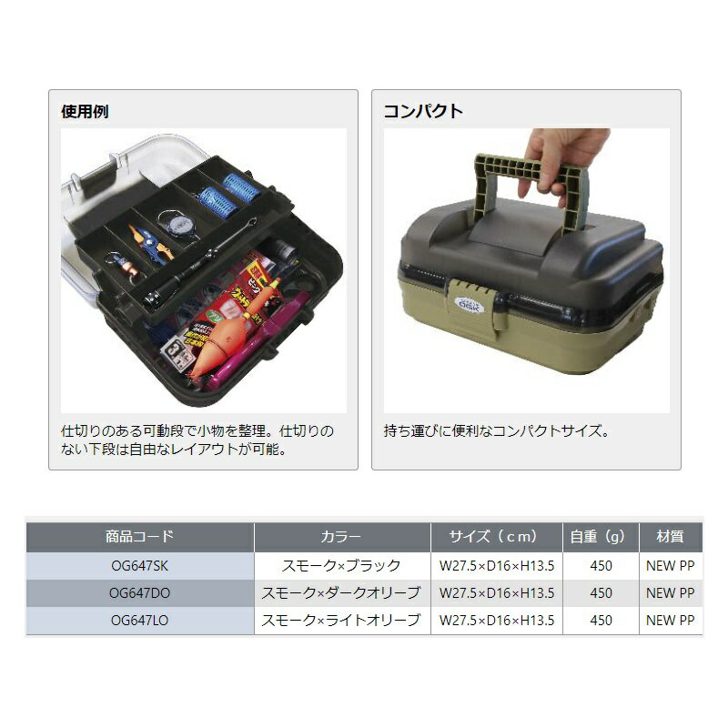 大阪漁具　OG647DO 小型タックルボックス(一段式) スモーク/ダークオリーブ 2