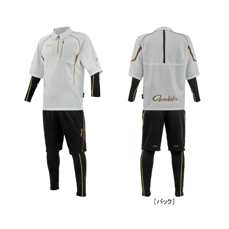 仕様表ジップアップタイプのポロシャツとハーフパンツのセットアップに2WAYストレッチインナーシャツとタイツをセットしたアクティブクールスーツ●本体生地はともにストレッチ素材を使用しアクティブに動く釣りでも動きを妨げません。　また、普段の着用に加え、釣り場でも着用していただけるように厚手の素材を採用。　場所を気にせず着用頂けます。●ポロシャツの背中にはメッシュ素材のアクションプリーツを採用し、体の動きに追従し、通気性も確保します。●付属の2WAYストレッチインナーシャツとタイツを装着することで直射日光を遮り、　またインナーシャツにはメッシュ切替を採用し通気性を高めています。●ポロシャツ、ハーフパンツは吸水速乾とUVカット素材で、紫外線遮蔽率97％。　インナーの素材は紫外線遮蔽率98％です。Gamakatsu GM3779がまかつ　アクティブクールスーツ●品番：GM3779●カラー：ホワイト●サイズ：LL●身長(cm)：170〜180●胸囲(cm)：97〜103●腹囲(cm)：88〜96●尻囲(cm)：〜110●股下(cm)：77●股下(ハーフ)(cm)：39●素材：〈ポロシャツ〉ポリエステル100%　　　　〈ショートパンツ〉ポリエステル100%　　　　〈インナー本体〉ポリエステル95%　ポリウレタン5%　　　　〈インナーメッシュ地〉ナイロン90％　ポリウレタン10％●重量：約0.82kg(L)※ファスナー付ポケット数1(ポロシャツ)※サイズは目安です。詳細はこちら