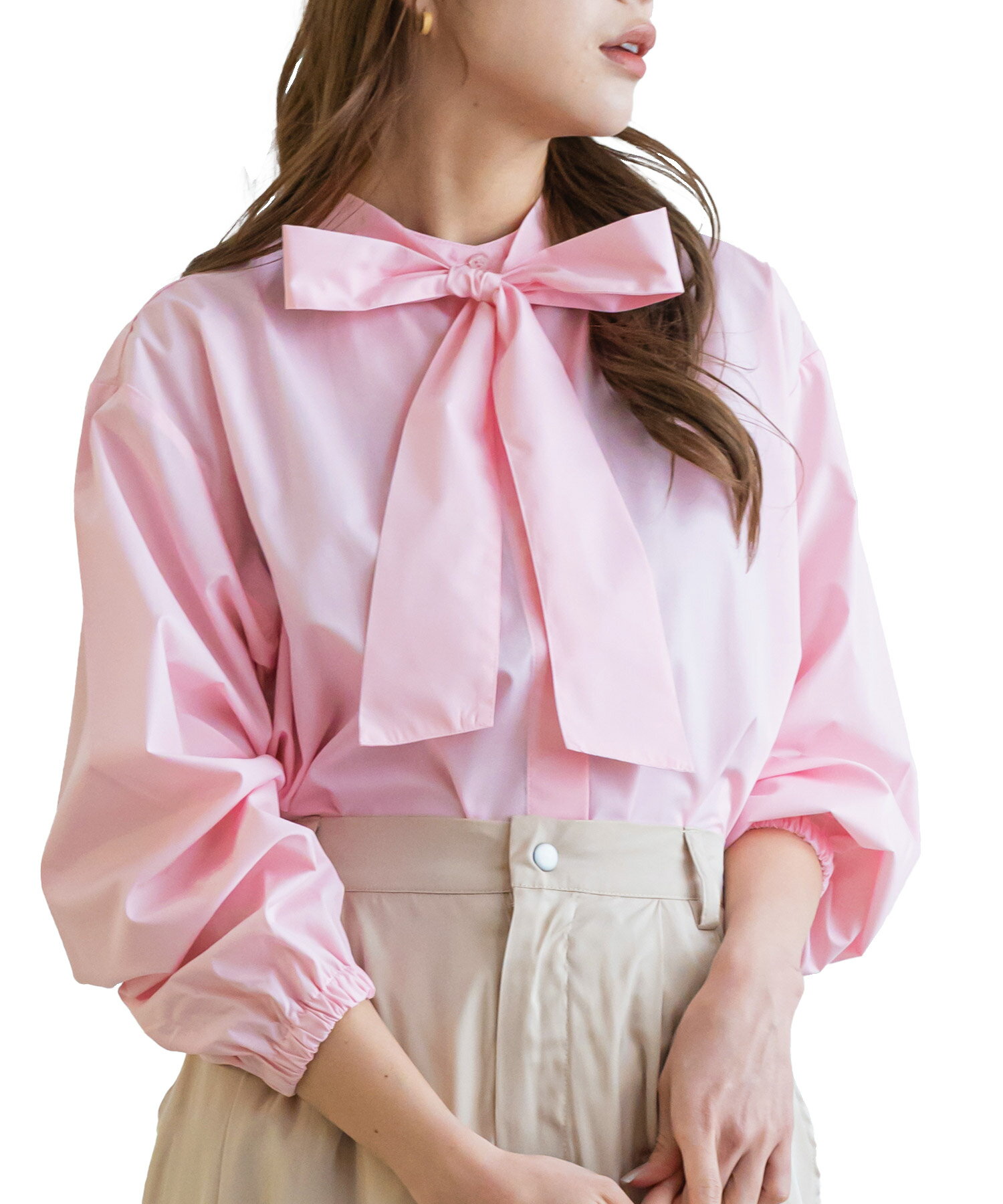 ピンク サテン 長袖シャツ リボン付き 楽天市場】ブラウス レディース シャツ リボン 前ボタン vネック