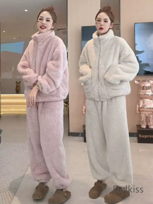 送料無料 パジャマ レディース 冬 ルームウェア もこもこ パジャマ レディース 上下セット セットアップ ハイネック 厚手 暖かい 長袖 大きいサイズ ナイトガウン 部屋着 おしゃれ 可愛い 寝巻き オフホワイト ピンク グレー M L XL 2XL