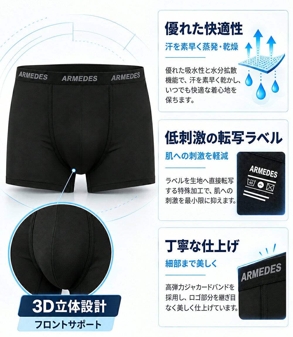 ARMEDES アルメデス ボクサーパンツ 4枚セット 吸汗速乾 3D立体構造 前閉じ メンズ M-3XL 全5色 オールシーズン AR02 送料無料 (3)