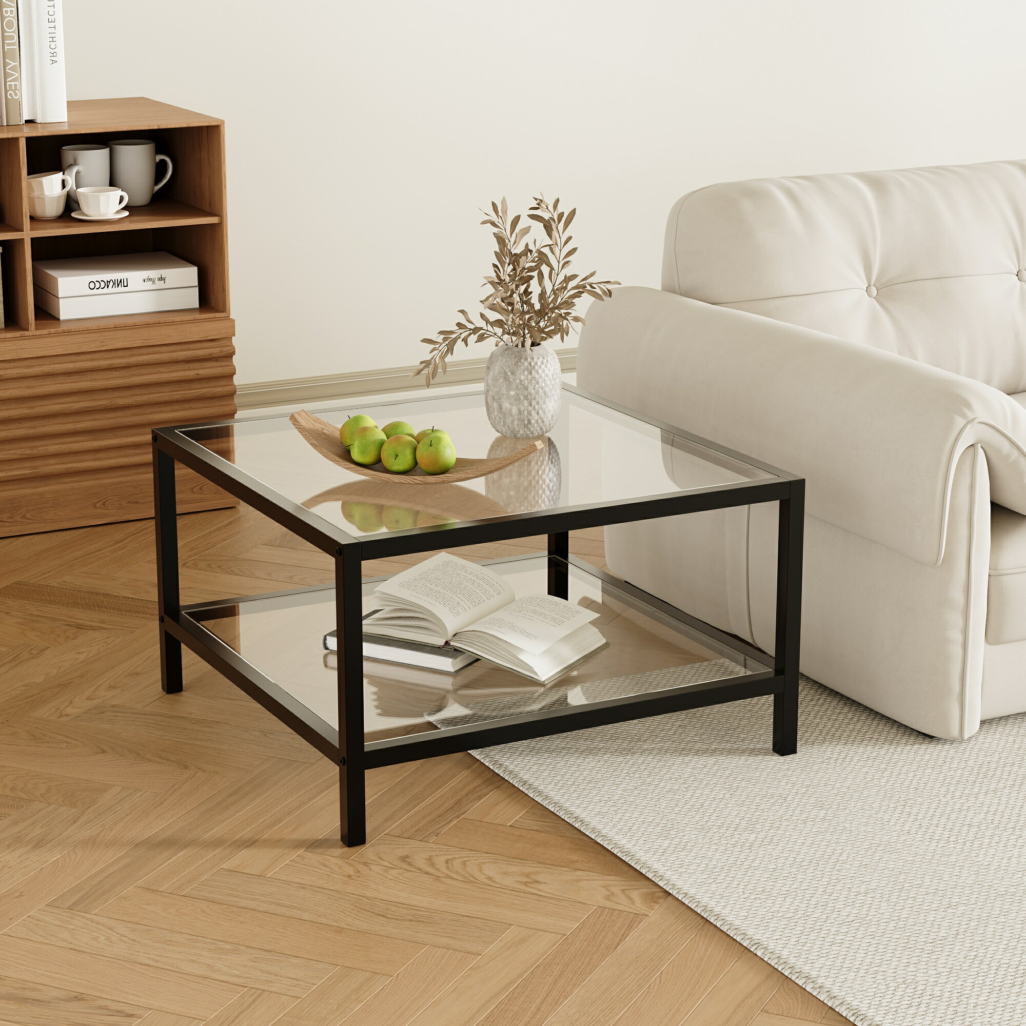 ローテーブル センターテーブル ガラステーブル コーヒーテーブル 幅68cm 強化ガラス天板 収納棚付き スチール脚 ブラック モダンデザイン シンプル おしゃ...