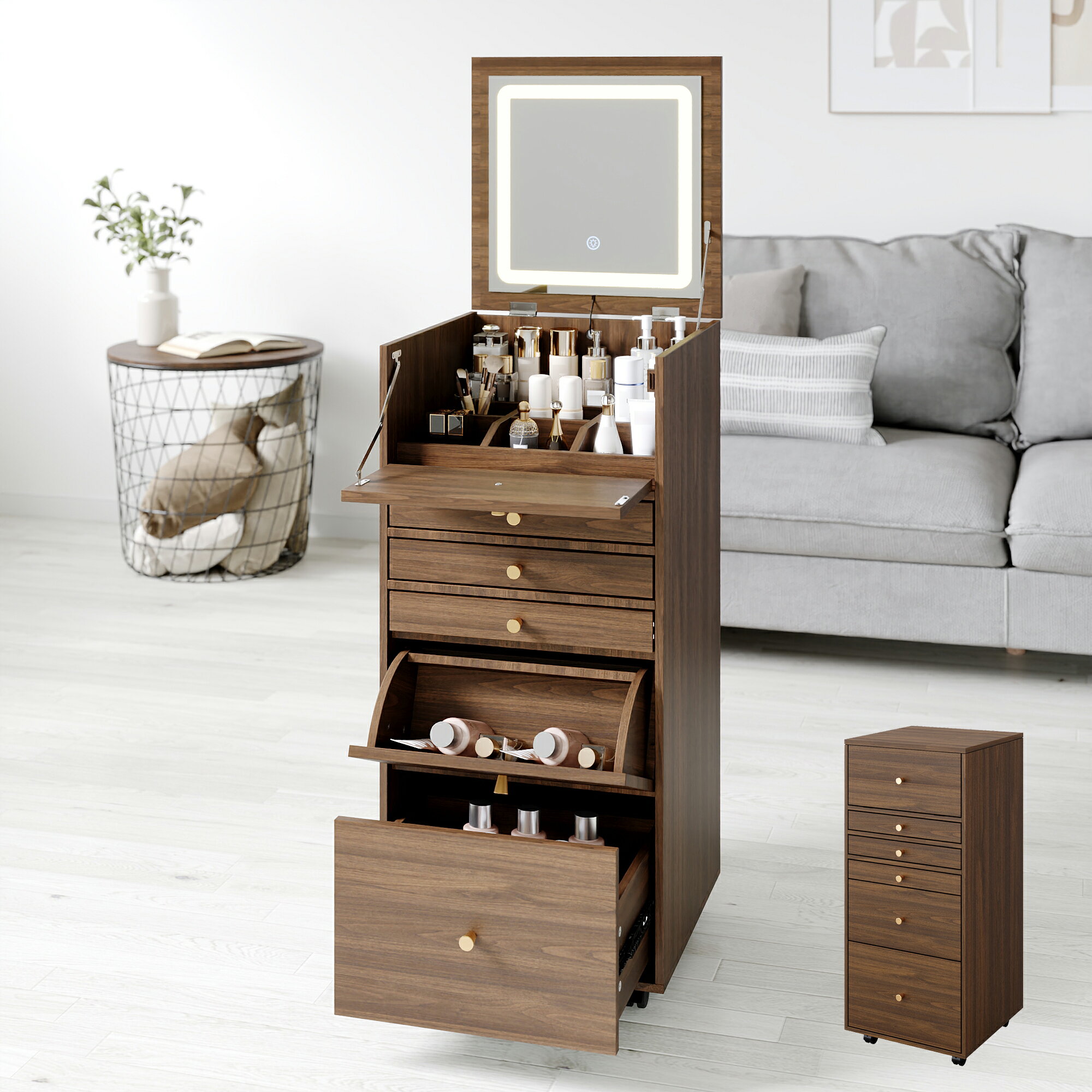 ドレッサー 女優ミラー付き 化粧台 鏡台 幅40cm コンパクト 三色LEDライト付き キャスター付き 引き出..