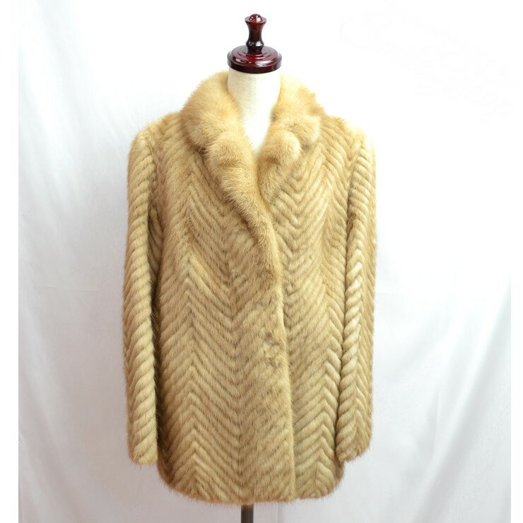 毛皮コート ミンク ベージュ系　レディース　毛皮　アウター　ミディアム丈　ハーフコート　ネーム入り　サイズ9　【中古】【送料無料】