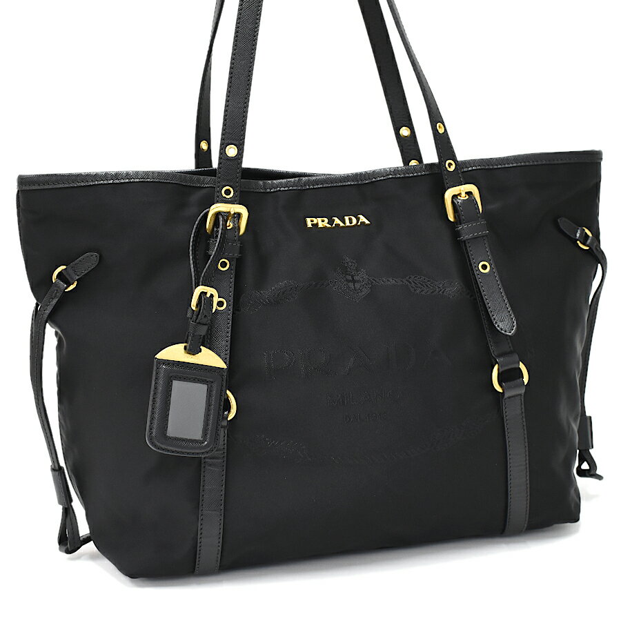 【楽天スーパーSALE】【中古】プラダ トートバッグ ショルダーバッグ ナイロン ブラック ゴールド金具 PRADA 送料無料