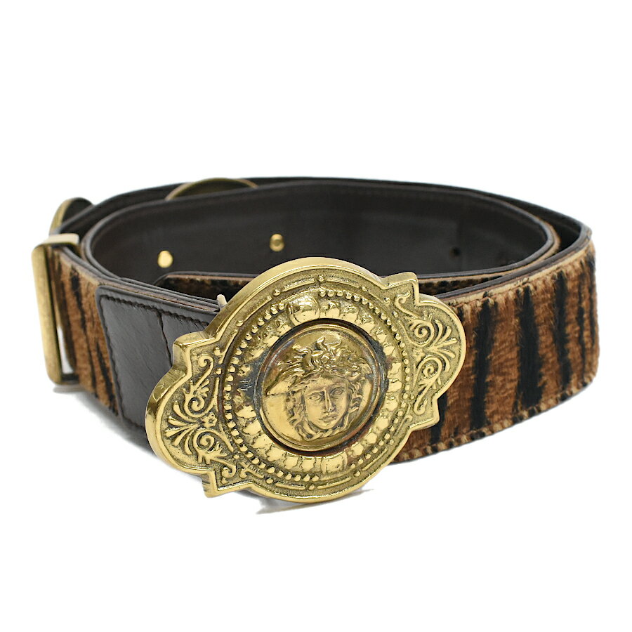 【中古】ジャンニヴェルサーチ ベルト メデューサ タイガー アニマル ハラコ レザー ブラウン GIANNI VERSACE [送料無料]