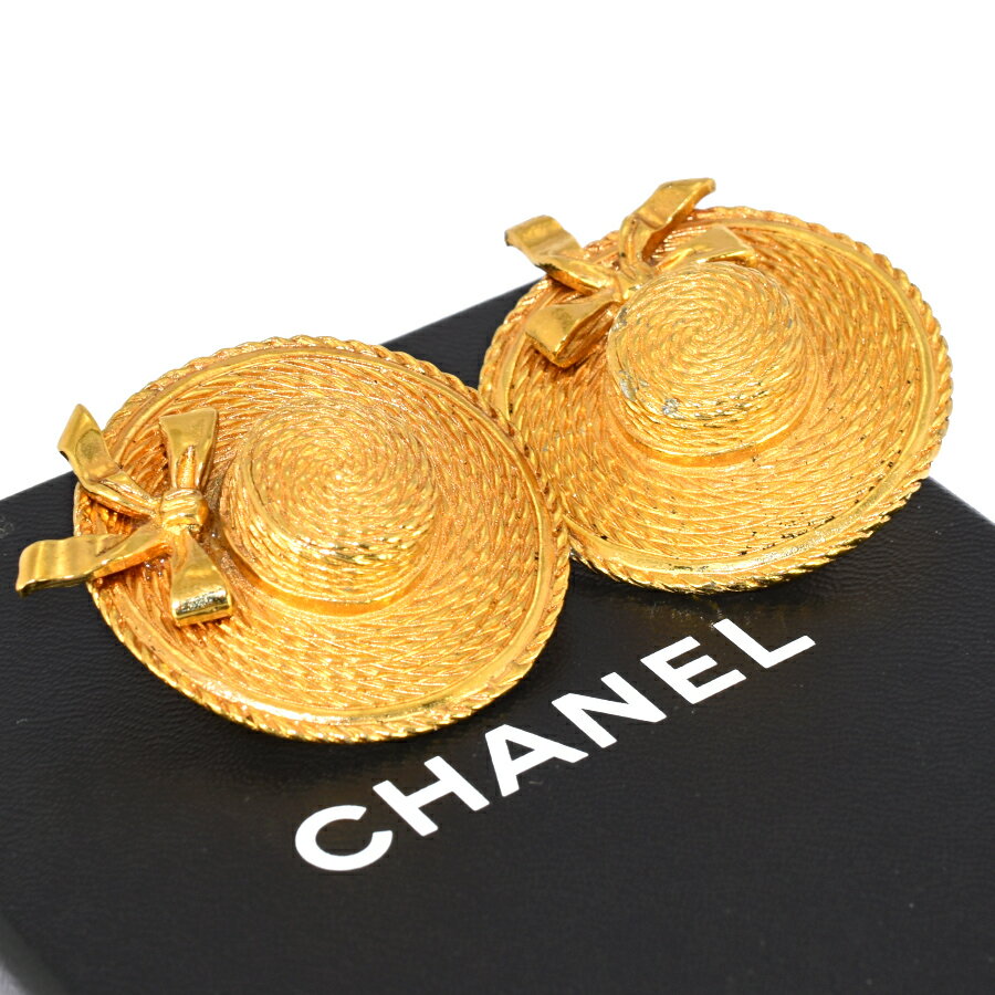 【中古】シャネル イヤリング 麦わら帽子 リボン ゴールドカラー ヴィンテージ アクセサリー CHANEL [送料無料]