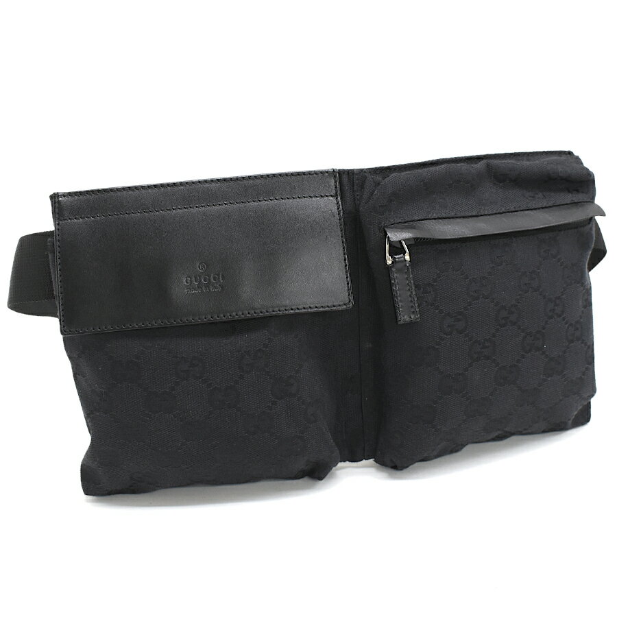 【中古】新品同様 グッチ ボディバッグ ベルトバッグ 28566 GGキャンバス レザー ブラック GUCCI [美品][送料無料]