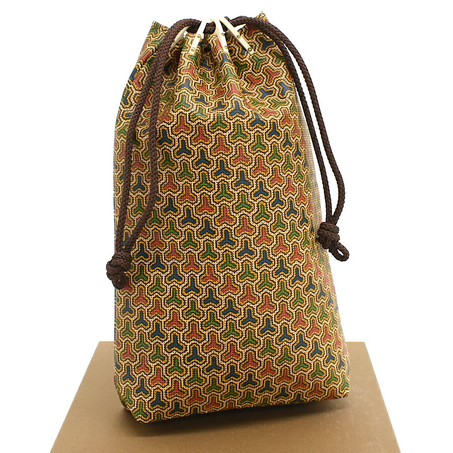 【中古】印傳屋 甲州印伝 合切袋 ハンドバッグ 巾着型 鹿革 更紗 漆 毘沙門亀甲 レザー マルチカラー INDEN-YA JIZAING×INDEN[美品][送料無料]