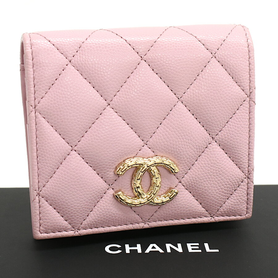 【中古】未使用品 シャネル ココマーク スモールウォレット 二つ折り財布 AP3185 キャビアスキン マトラッセ レザー ピンク ゴールド金具 CHANEL[美品][送料無料]