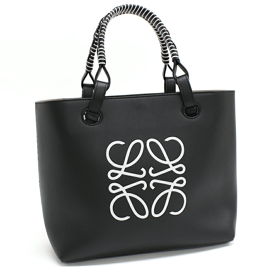 【中古】ロエベ 2wayバッグ ロングデイトート A717S72X11 アナグラム レザー ブラック×ホワイト LOEWE[送料無料]