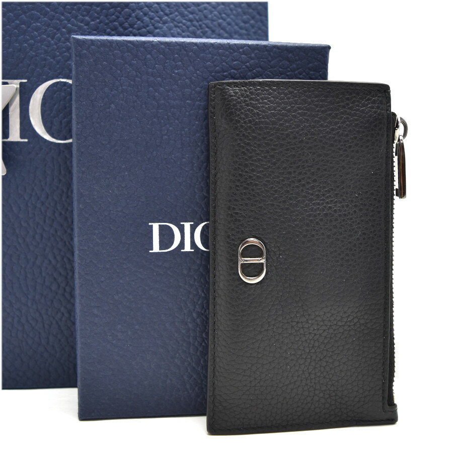 【中古】ディオール ジップカードホルダー CDシグネチャー レザー ユニセックス ブラック DIOR [美品][送料無料]