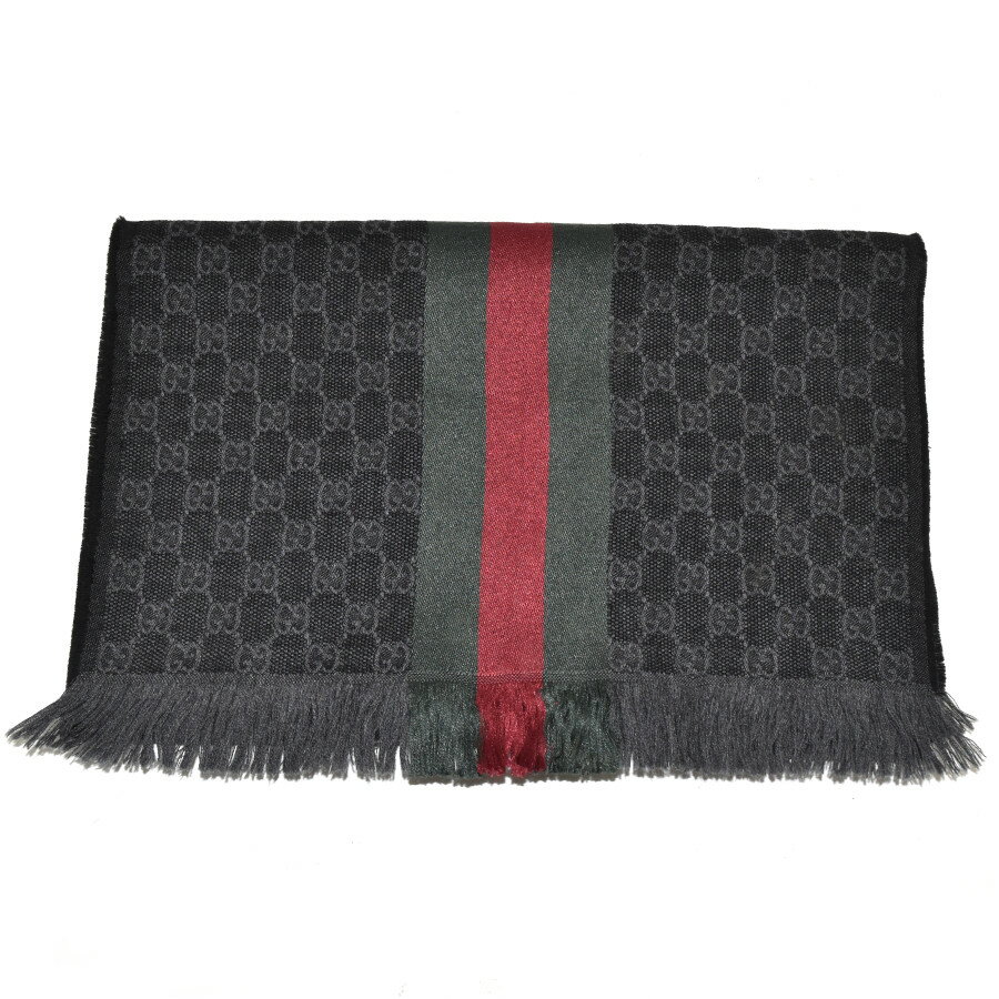 【中古】グッチ ストール マフラー シェリーライン ウール シルク混 ユニセックス ブラック×グリーン×レッド GUCCI [美品][送料無料]
