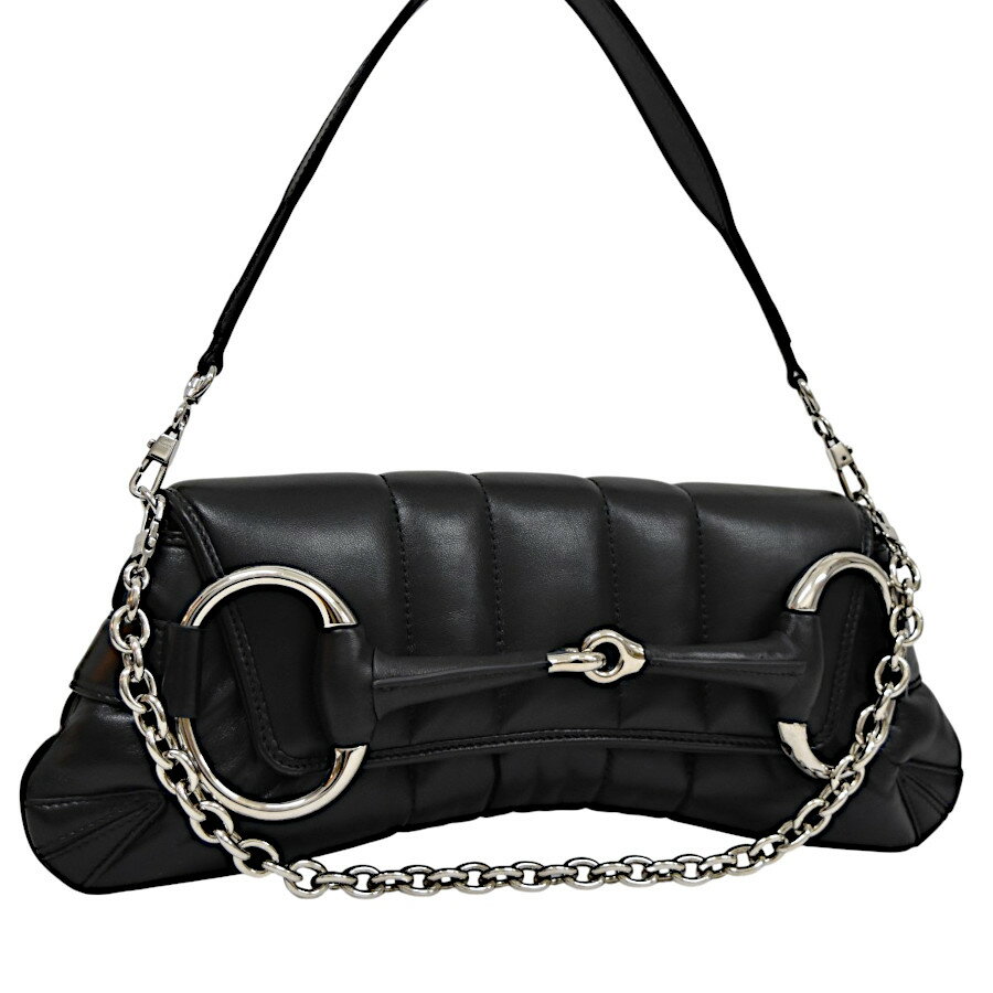 【中古】新品同様 グッチ ショルダーバッグ クラッチバッグ ホースビット チェーン スモール 764339 レザー レディース ブラック GUCCI [美品][送料無料]